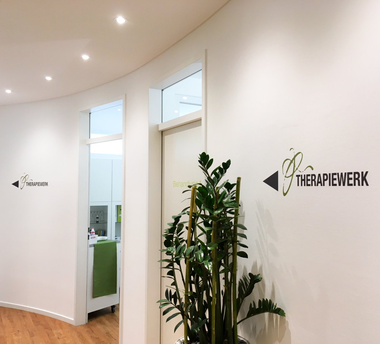 Flur einer Praxis mit dem Logo und einem Schriftzug "Therapiewerk" auf einer weißen Wand. Eine grüne, große Pflanze neben dem Schriftzug.